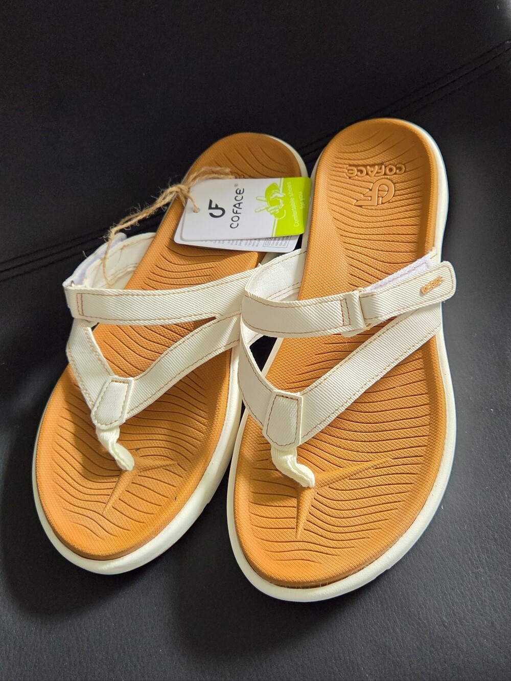 Coface White Strap Tan Footbed Flip Flop Sandals